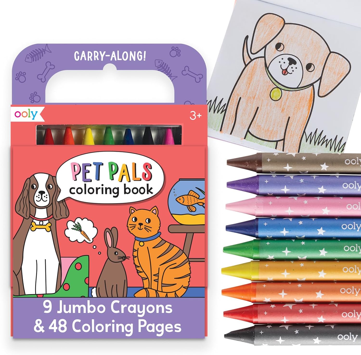 Ooly Travel Art Kit with 9 Jumbo Crayons & 48 Themed Coloring Pages & Case for Easy Traveling Art Creation, Perfect Airplane & Road Trip Activities for Kids - Pet Pals