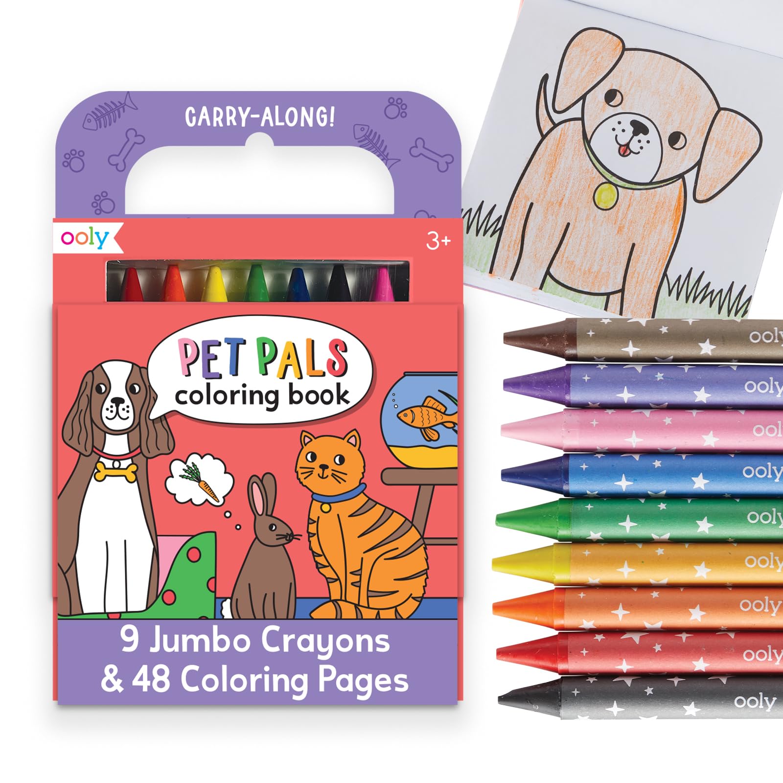 Ooly Kids Travel Activity Kit – 9 Jumbo Crayons & 48 Coloring Pages, Car Crafts for Kids, Mess-Free Road Trip Art Set, Airplane Activities – Pet Pals