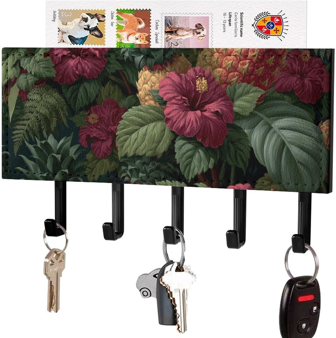 Wall Mount with 5 Hooks Acrylic Key Rack Tropical Fruit Pineapples And Flower Green Leafy Key Holder Organizer