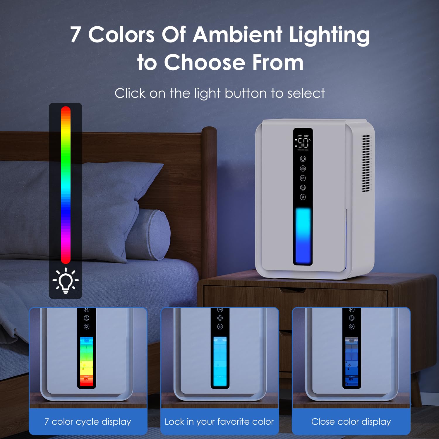 Deumidificatore Casa con 2500ml, Deumidificatore Casa Muffa con Modalità Sospensione e Timer 6-48 Ore, Controllo Umidità Automatico (≥50% RH),7 Luci RGB, Protezione da Overflow, Defrost Automatico