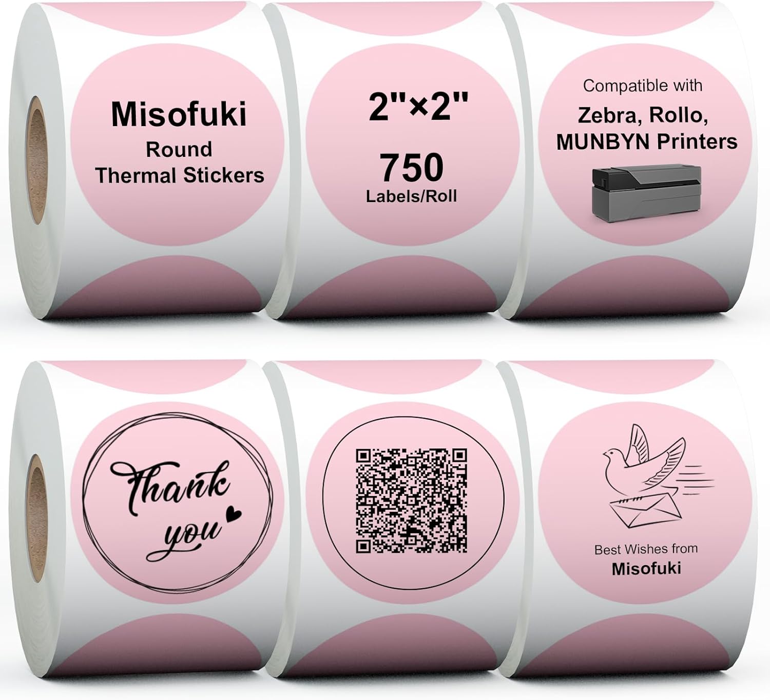 Misofuki 2" 6 Rolls 4500 Labels Deep Coral Pink Circle Direct Thermal Stickers Labels Rolls Compatible with Zebra, Rollo, MUNBYN, Self-Adhesive Round Direct Thermal Labels