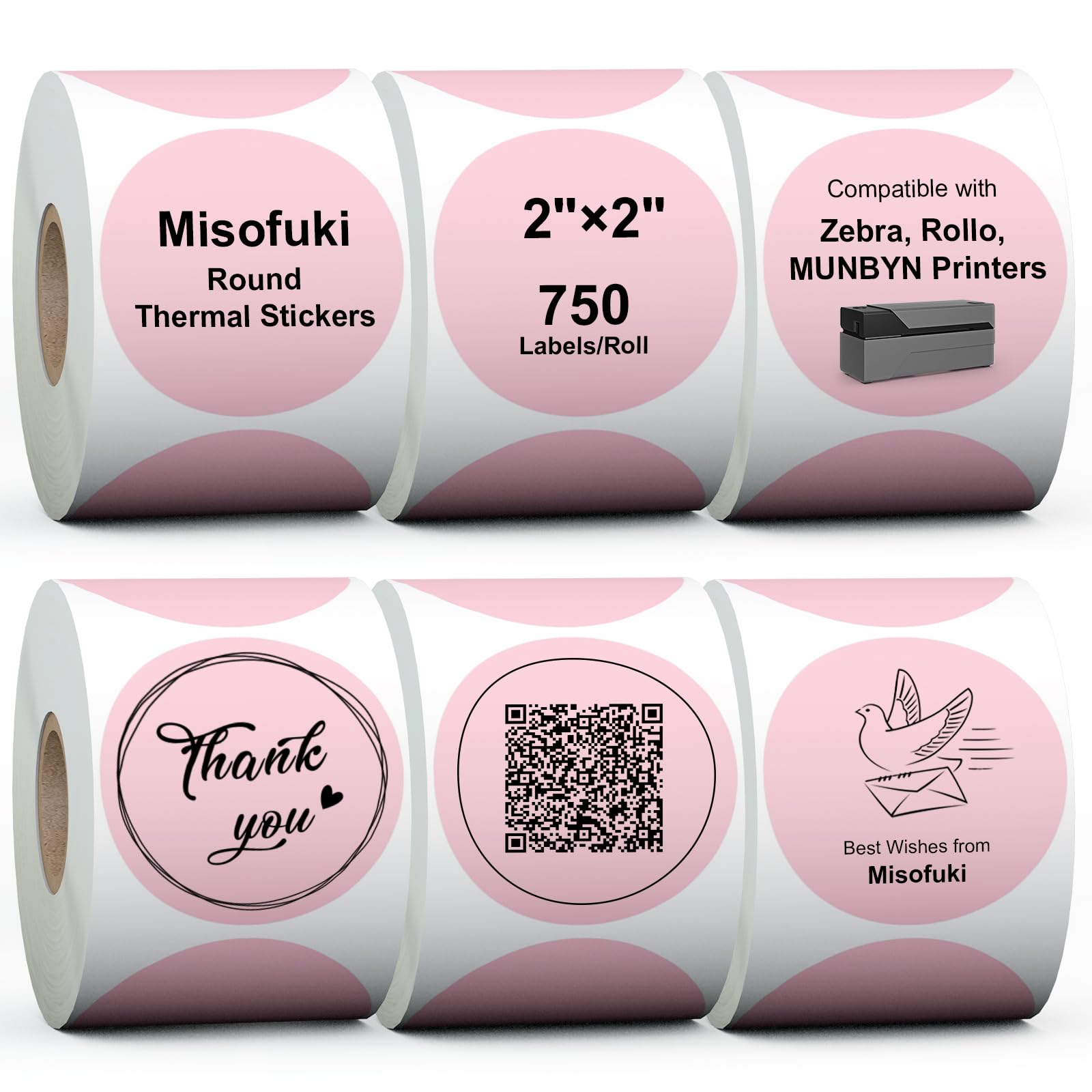 Misofuki Lot de 6 rouleaux de 4500 étiquettes autocollantes thermiques directes rondes et autocollantes de 5,1 cm compatibles avec Zebra, Rollo, Munbyn, autocollants ronds et directs