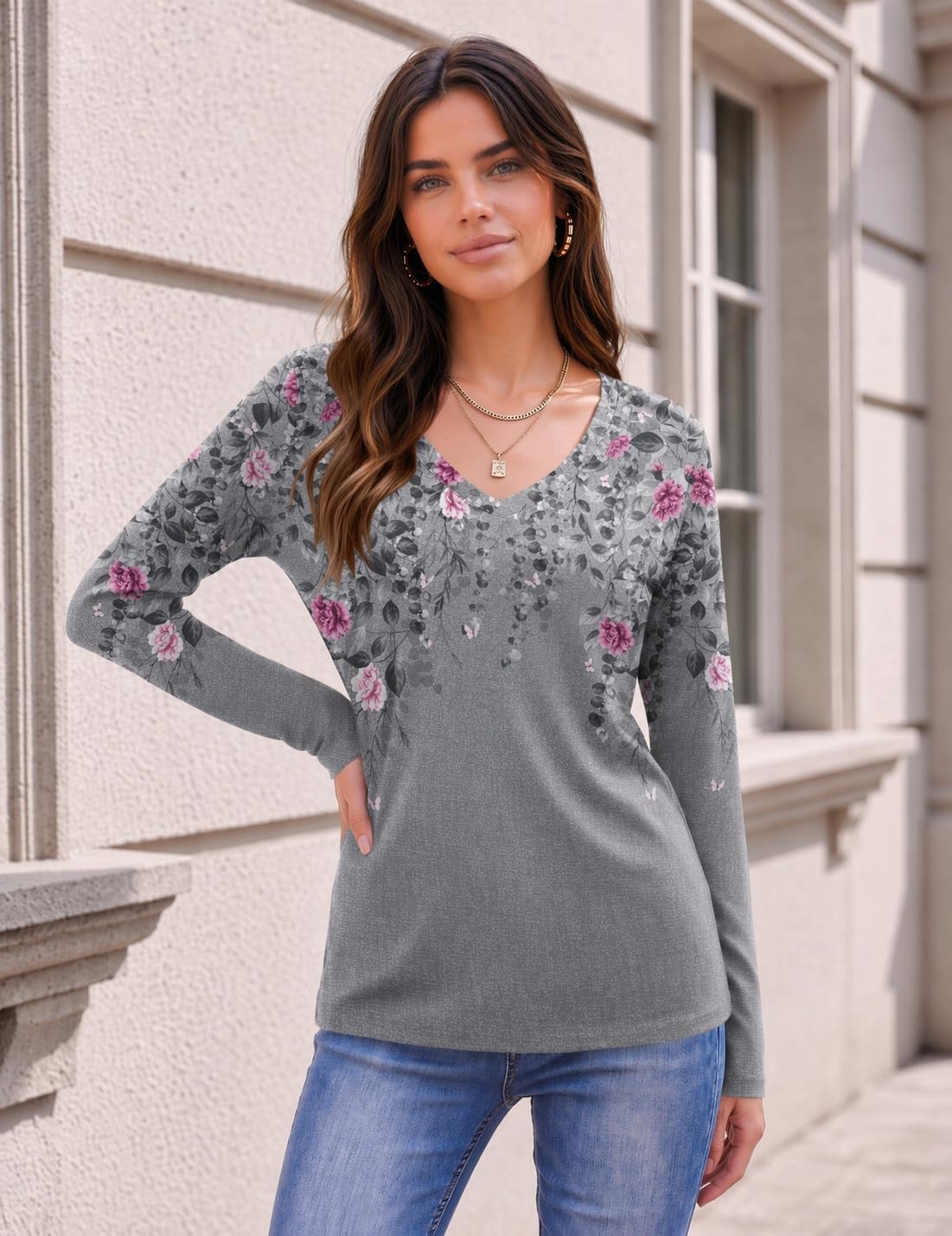  Womens Shirts Long Sleeve Tops V Neck Casual Basic Tee Fall Outfits thumbnail