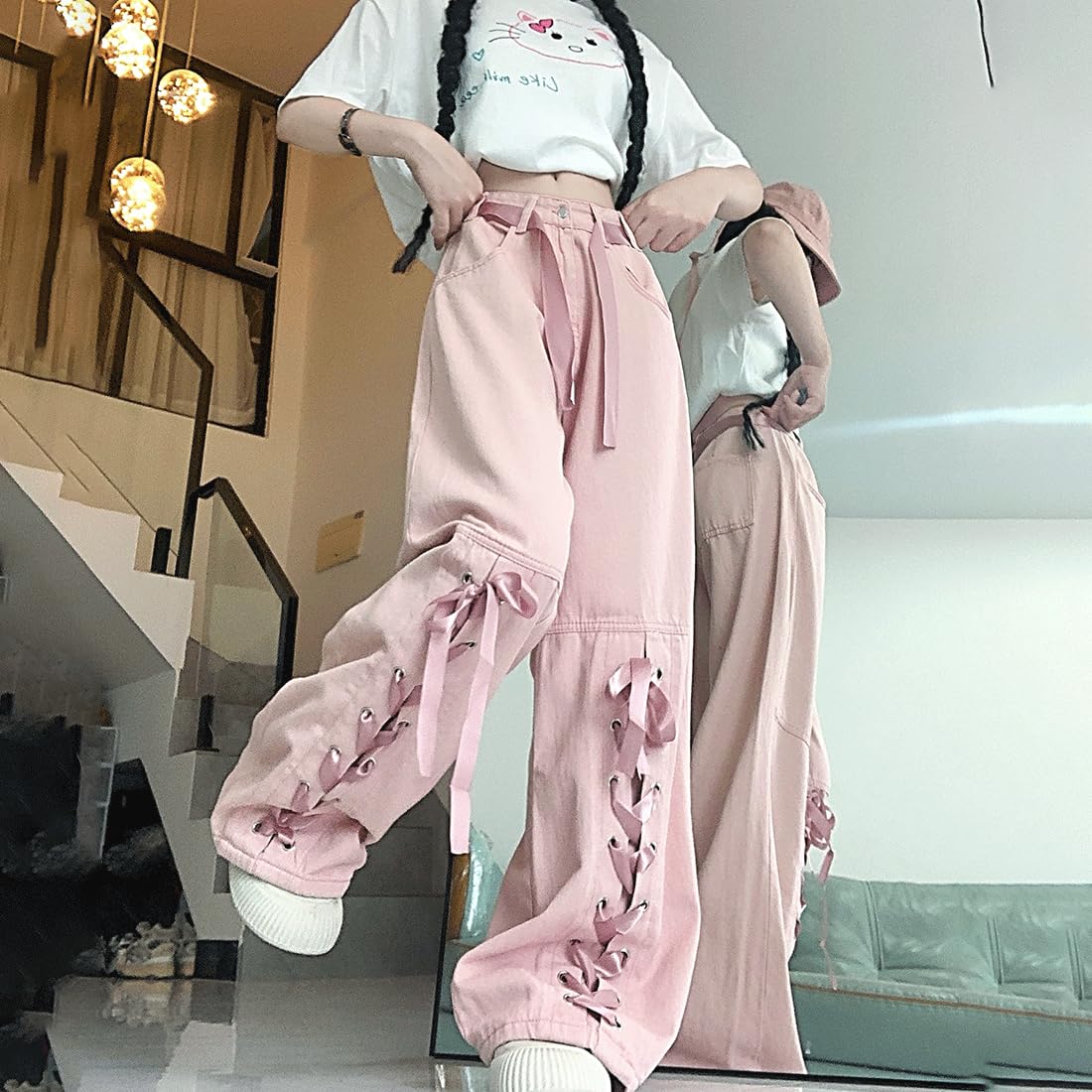 Harajuku Y2K Kawaii Gothic Vintage Casual Style High Waisted Straight Wide Leg Ribbons Trim Pink Denim Pants: Pink Medium