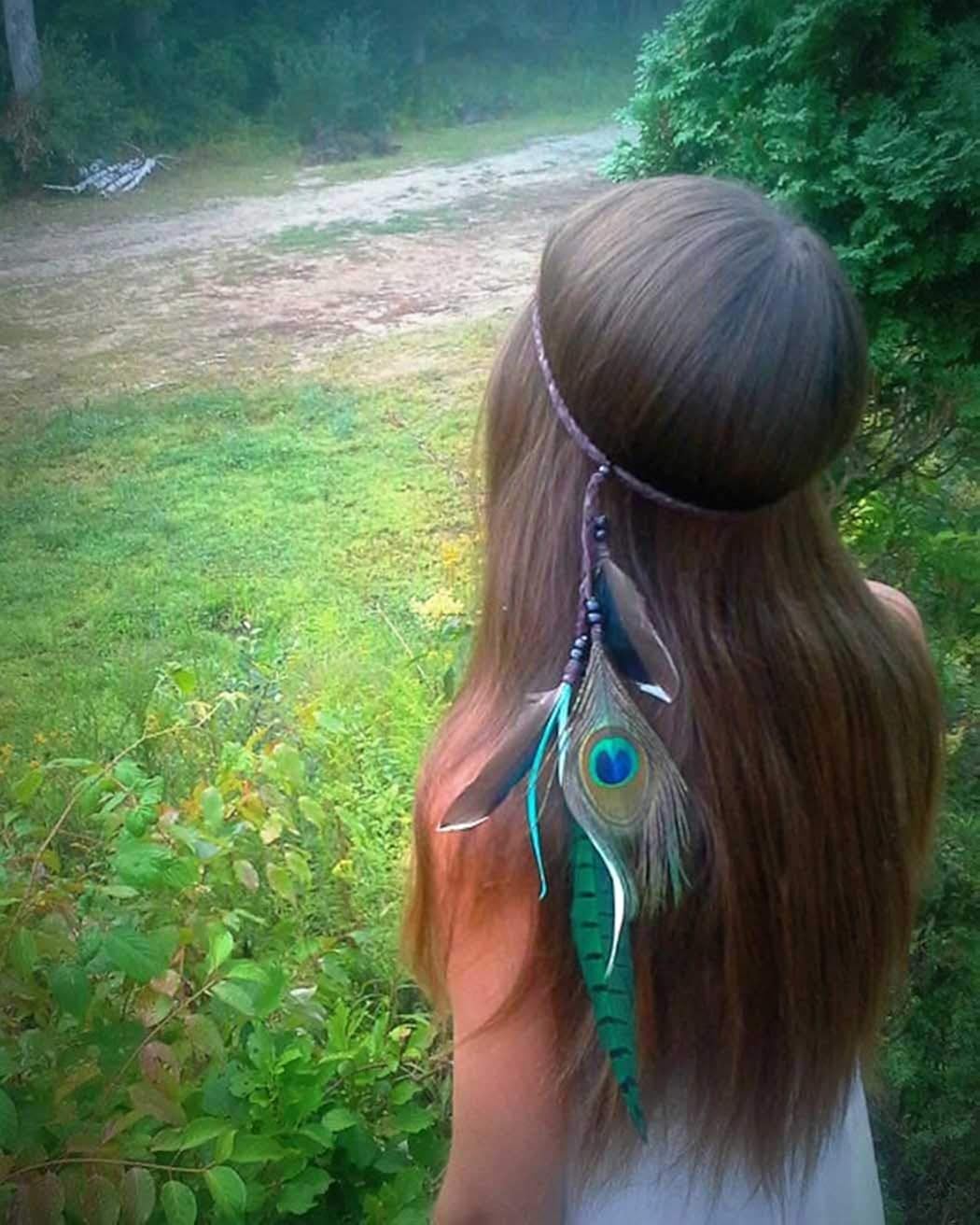 Miniatura 2 de Gangel Hippie Bohemia Plumas Diadema india elegante con plumas de pavo real borla cuerda de cáñamo para festivales mascaradas carnaval traje marrón