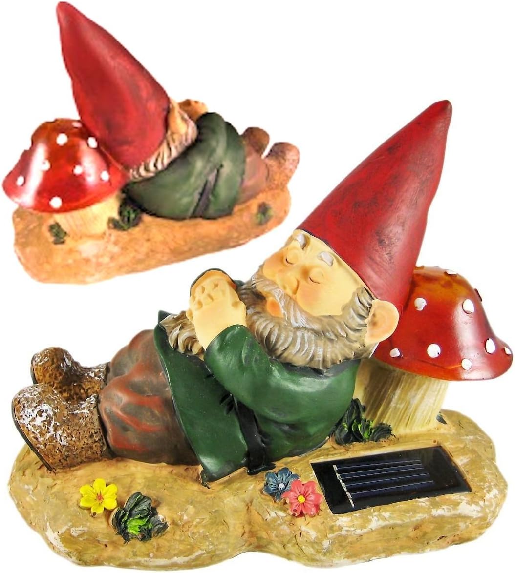 Sunaisle - Adorable Garden Gnome Statue Asleep Next To The Mushroom Garden Gnome Solar Lights