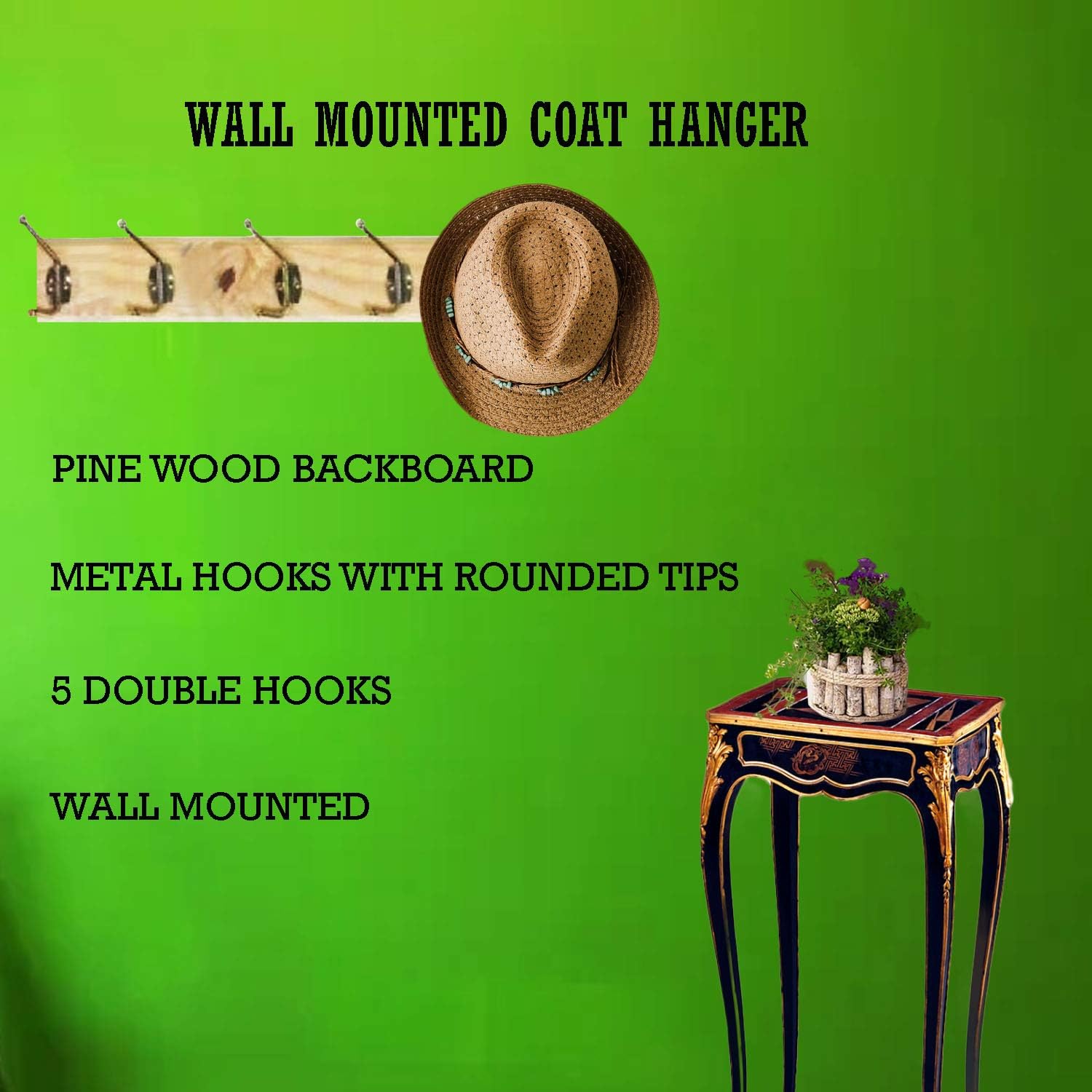 Lizzy Wall Mounted Coat Hanger, Natural Pine Wood - Image 4