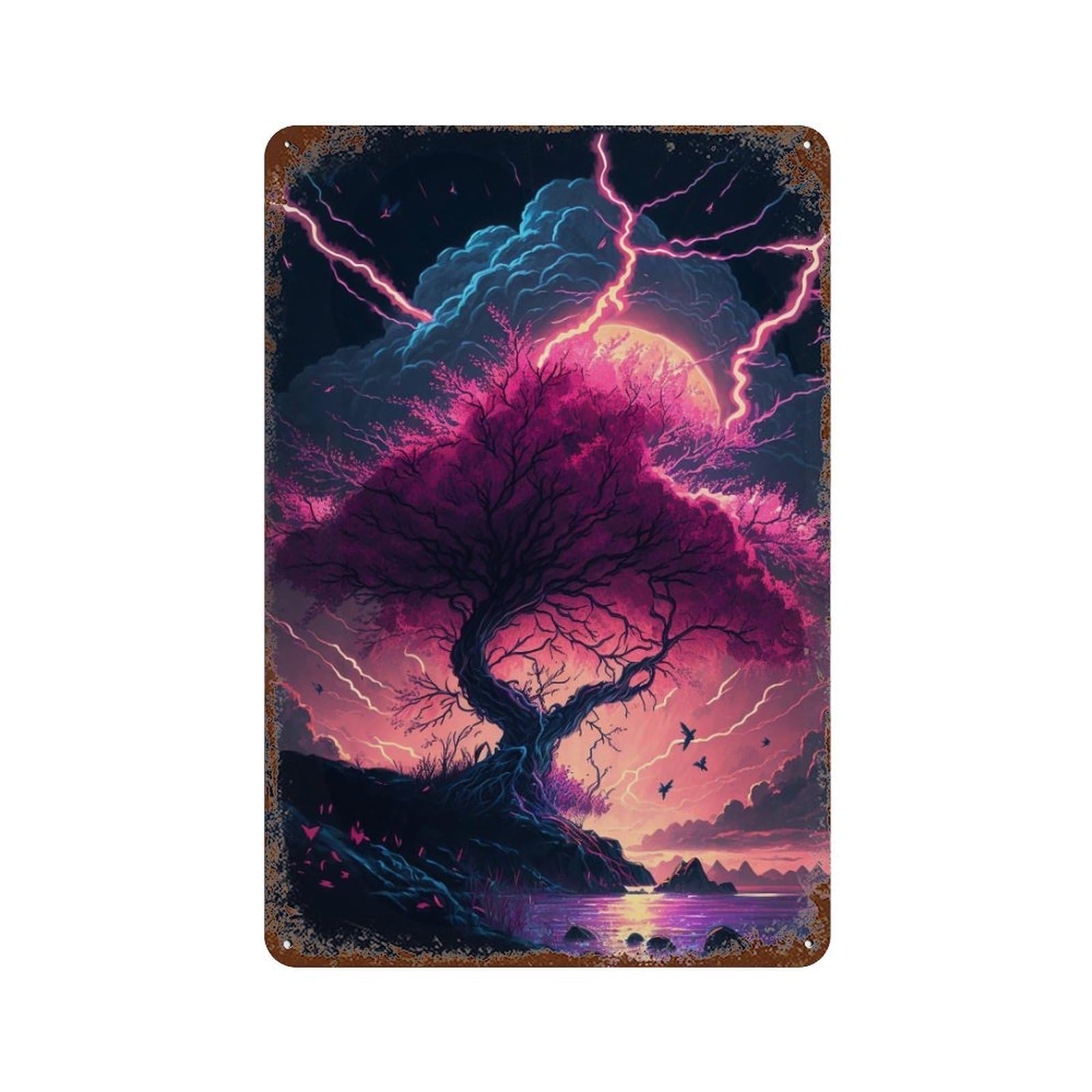 Rustic Tin Plaque with Thunderstorm Tree Landscape -2 Design 11.8"x7.9", for Pub, Kitchen And Man Cave Decor, Old School Wall Decor