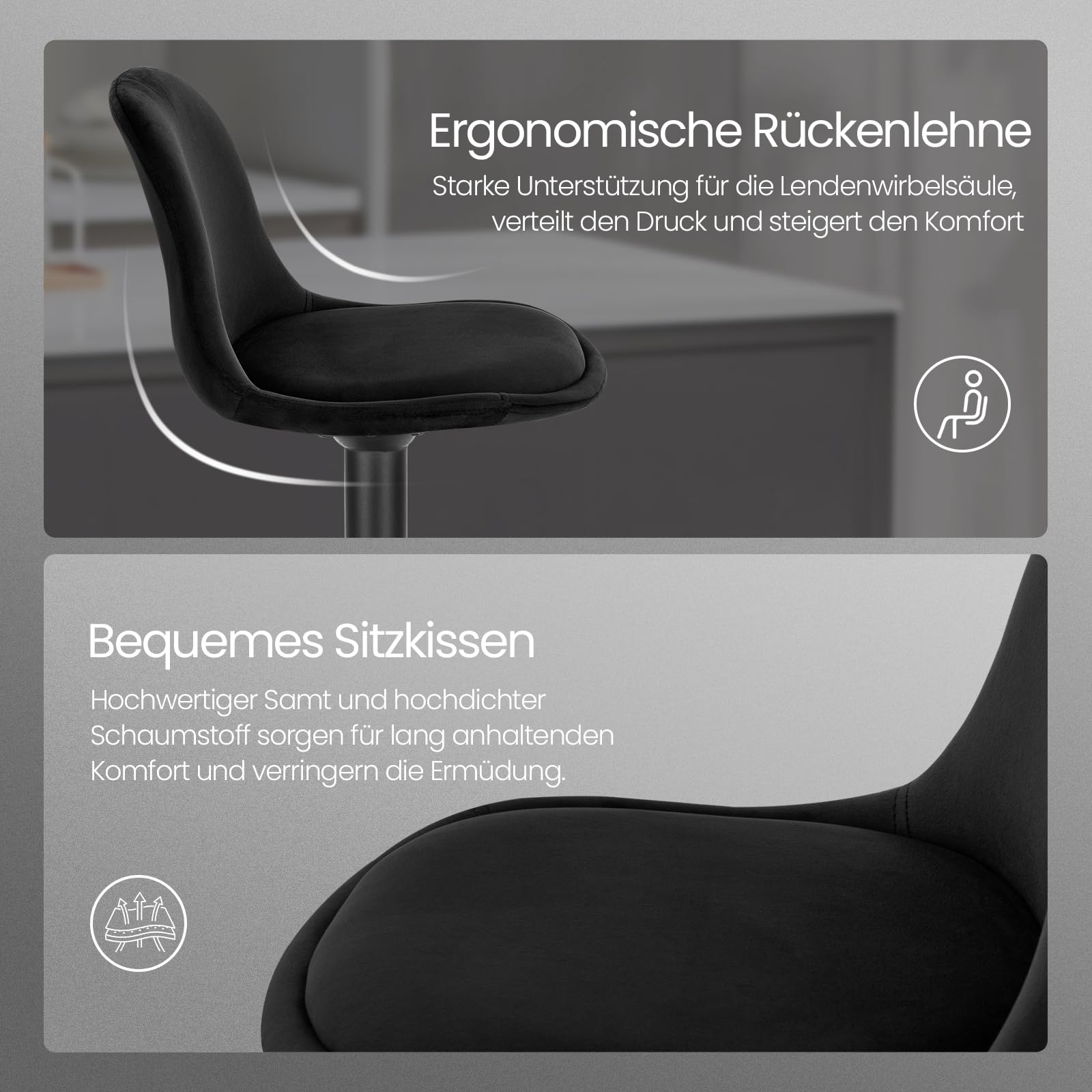 EUGAD Barhocker, für Bar Küchen & Esszimmer, 360° drehbarer höhenverstellbar, Barstuhl mit Rückenlehne Fußstütze, aus Samt, Schwarz
