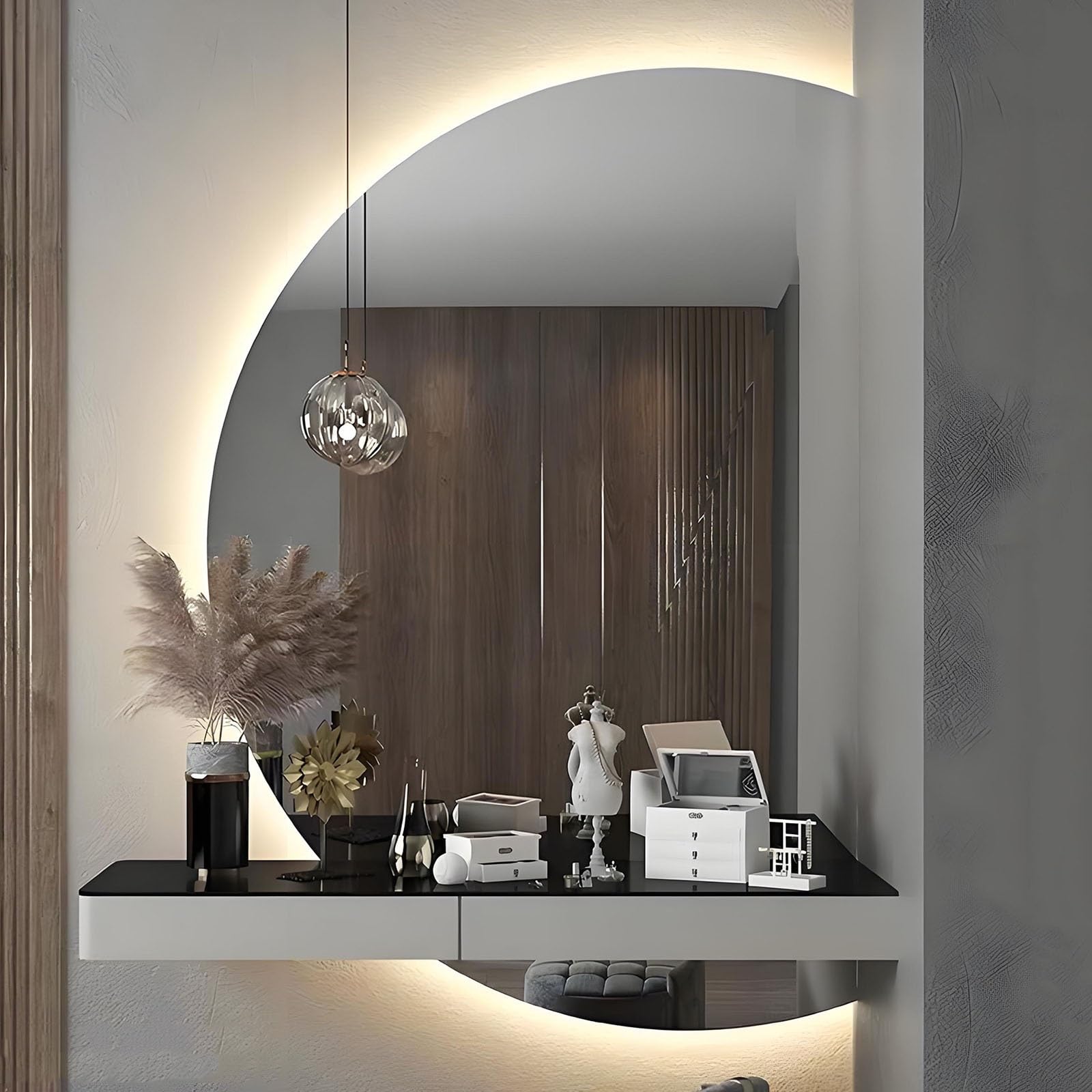 SXFSDOU 39in Smart LED Bathroom Mirror for Wall with 3 Colors Light Anti-Fog 51in Half Moon Shatter-Proof Backlit Frameless Vanity Mirror(Right Cut,100x70cm/39x28in)