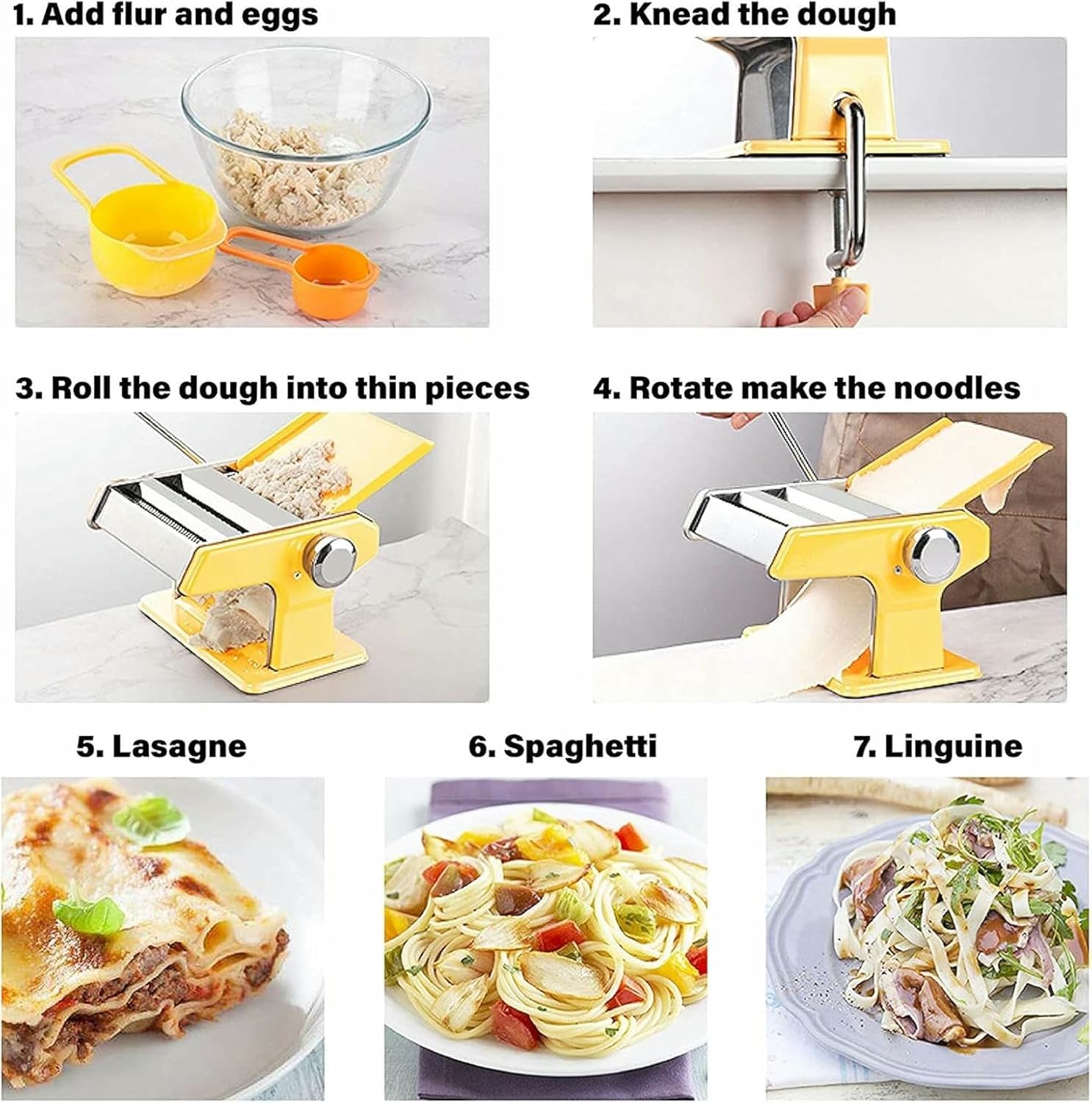 Pasta Machine, Stainless Steel Roller Pasta Maker, 7 Adjustable Thickness Settings Noodles Maker with Hand Crank