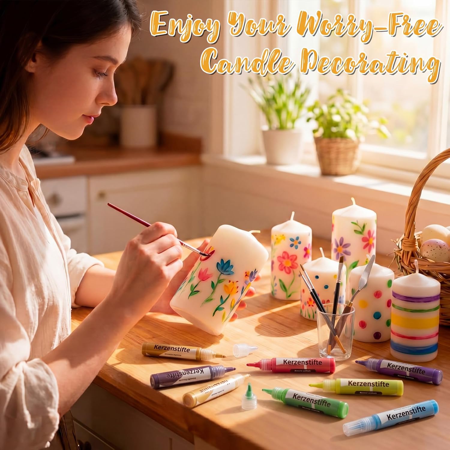 Crtiin 48 Pcs Candle Wax Pen 24 Vibrant Colors Candle Paint Set 10 ml Painting Pen Decorating Kit Beginner-Friendly for Festival Birthday Decorating Blessing Writing & DIY Crafts