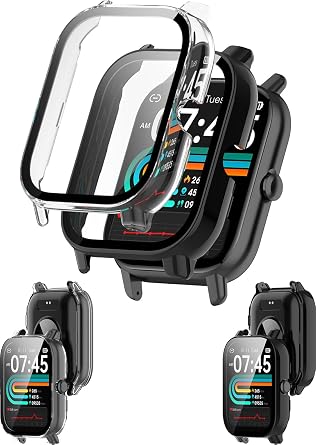 P66D/P66E1.85" Smartwatch Case with Screen Protector, Built-in 9H Tempered Glass Film Hard PC Bumper Full Coverage Protective Cover, for Nerunsa/Dotn/Aptkdoe/Ddidbi SmartWatch 2 Pack Black/Clear