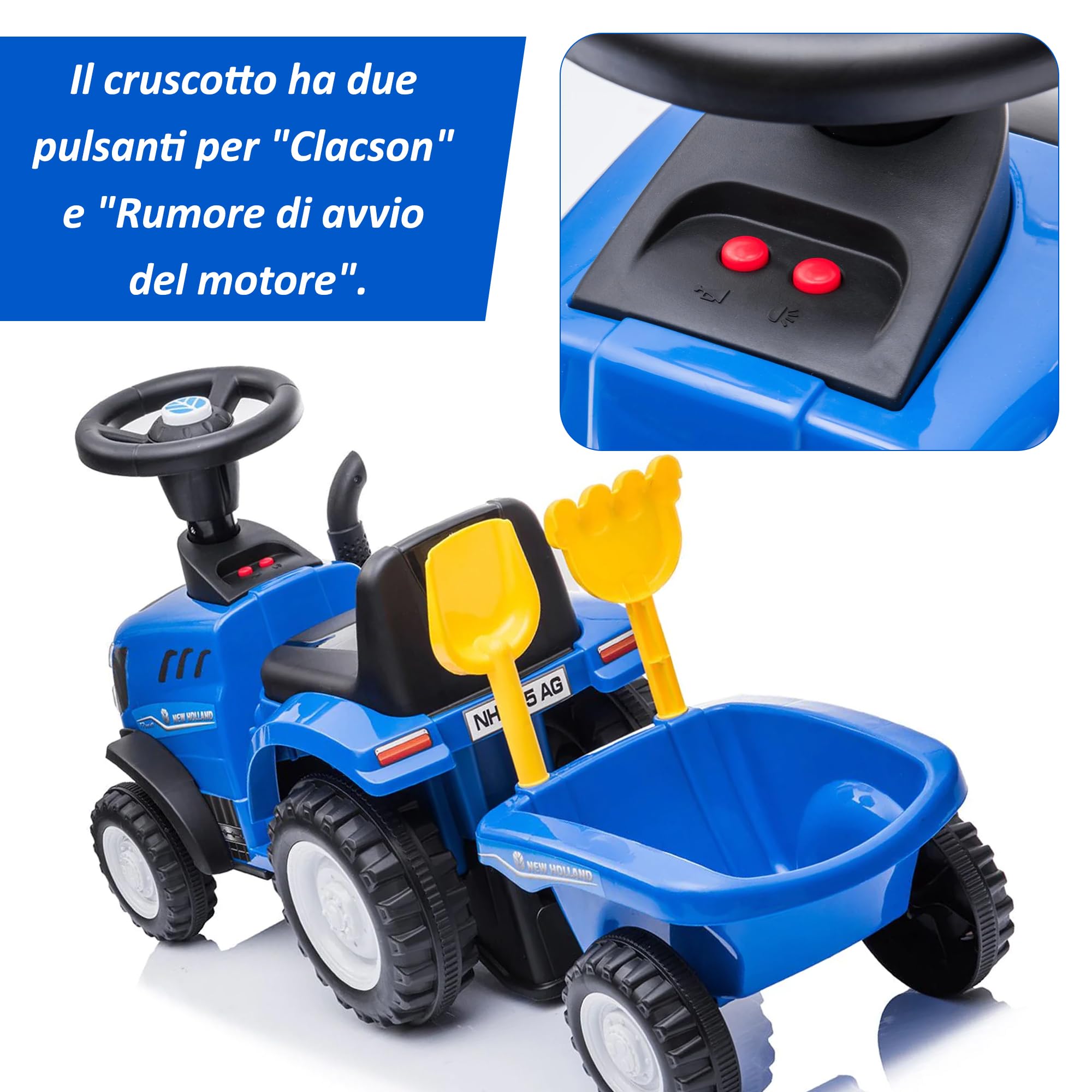 COIL Traktor New Holland samochód z przyczepą, licencjonowany wózek spacerowy z szuflą, wysokiej jakości zabawka z tworzywa sztucznego, do siedzenia na górze, niebieski