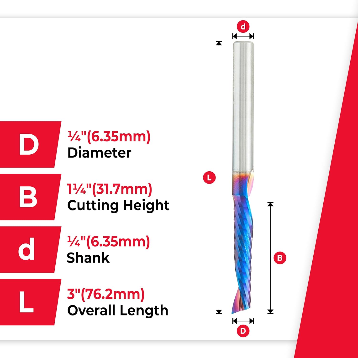 Amana Tool Spektra Coated Solid Carbide CNC Spiral Single O-Flute Router Bit, 51407-K, 1/4 D x 1-1/4 CH x 1/4 SHK x 3 Inch L Up-Cut Mirror Finish