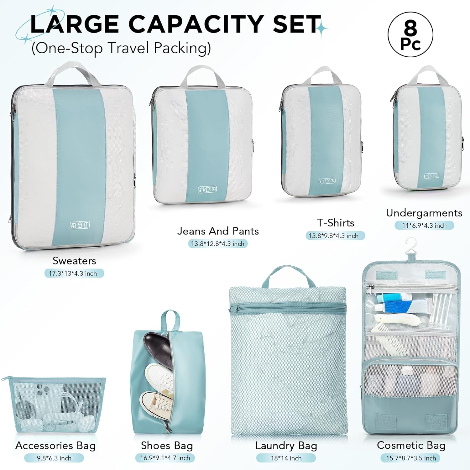 8 Set Compression Packing Cubes for Travel Essentials,Compressible Expandable Packing Cubes for Suitcase,OlarHike Luggage Garment Bags for Travel,Handy Helper for Organizing Clothes(Blue Gray) thumbnail