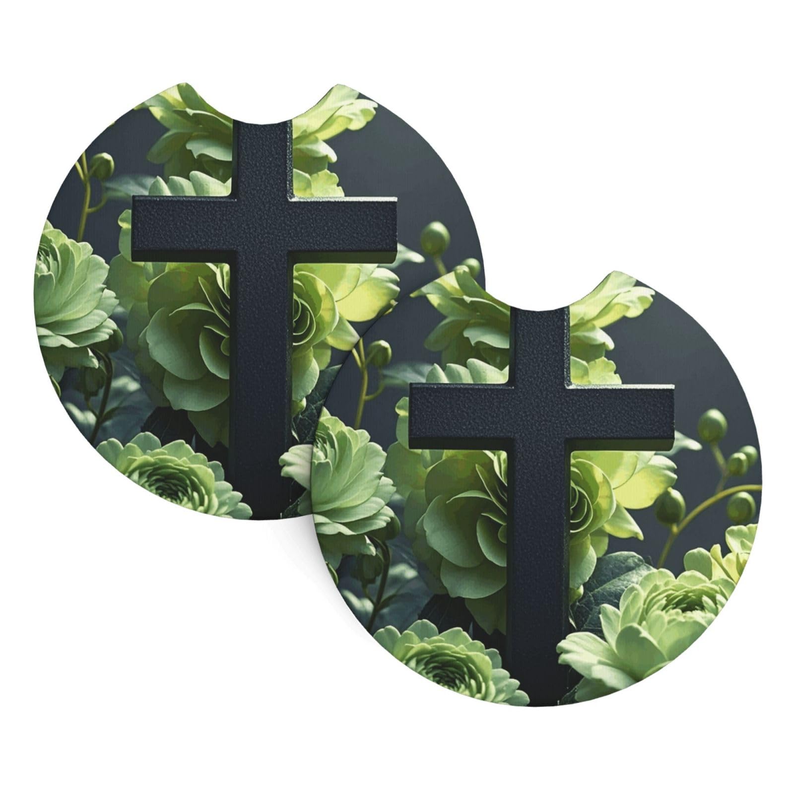 2 Pack Car Coaster for Cup Holders Black Cross Among Green Flowers Car Cup Coaster 2.7" Neoprene Non-Slip Automotive Cup Mat Universal Auto Car Interior Accessories for Women Men Cup Pad