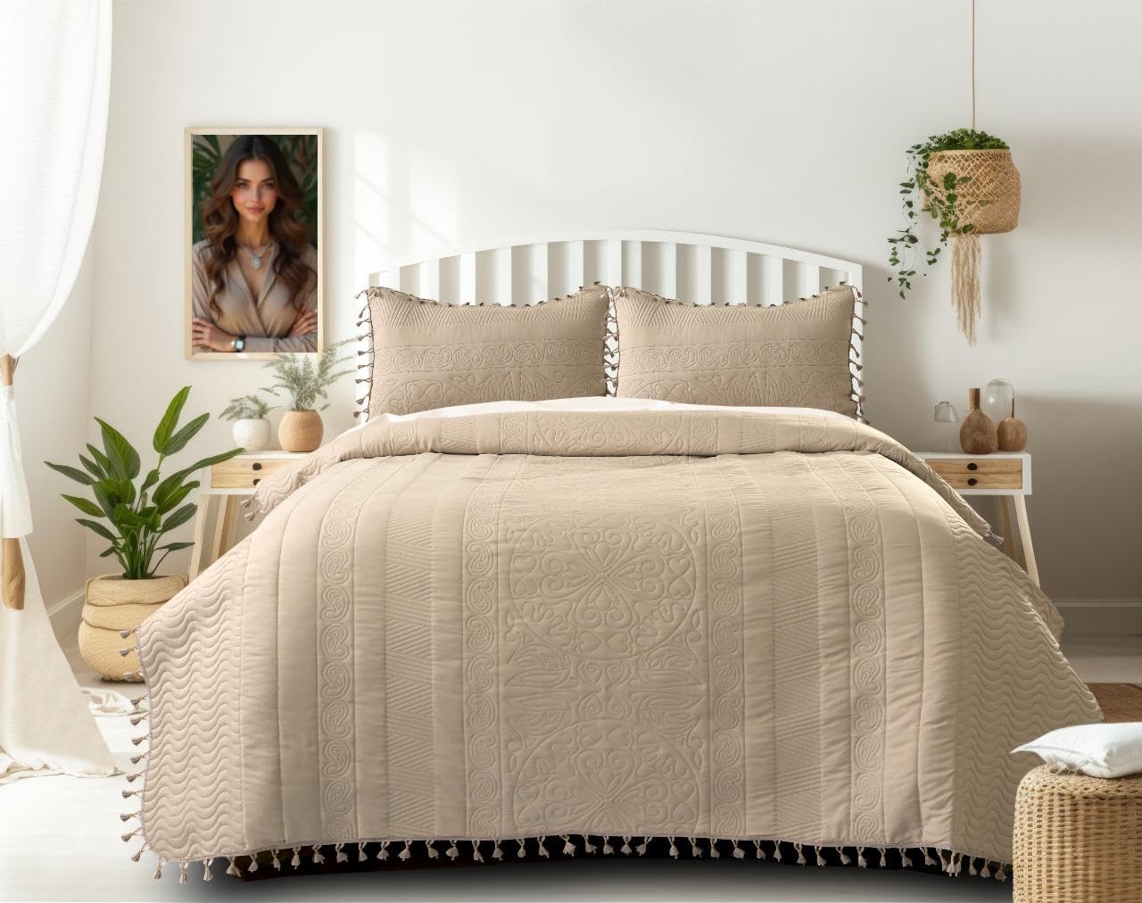 Furnistitchs Solid Quilted Bed Cover King Size 230x250 cm with Tassels – Premium Luxury Bedspread Bedsheet/Comforter with 2 Pillow Covers – Soft & Stylish Bedding for All Seasons (Beige)-picture-30