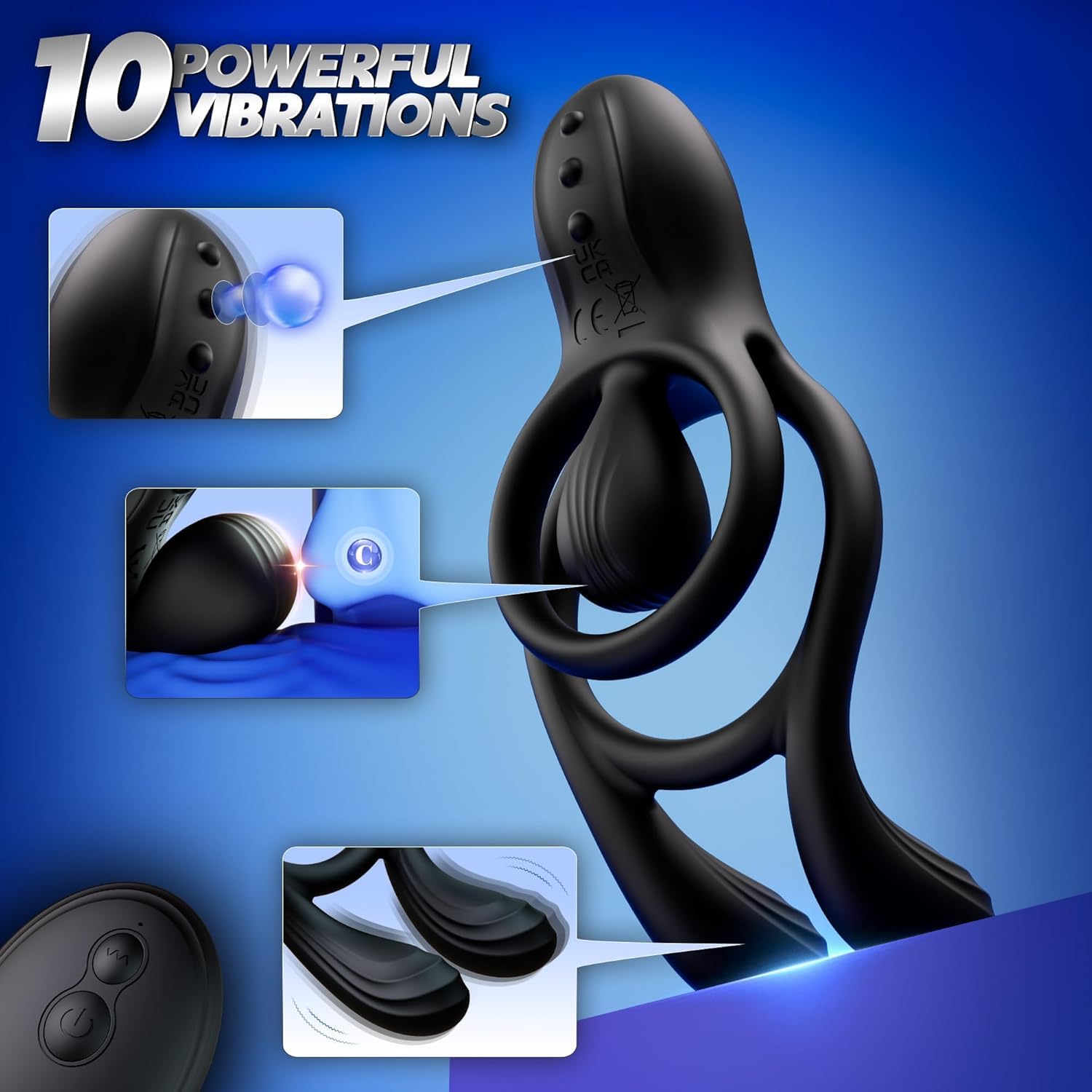 Anillo vibrador, juguete erótico; 10 modos, anillo doble con vibración en tres puntos, recubierto íntegramente de gel y con soporte, controlado por mando a distancia