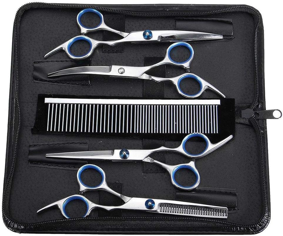5Pcs / Set Dog Cat Grooming Scissors Set Straight Curved Cutting Thinning Shears Kit Puppy Hair Trimmer Pet Beauty Favor 6 Inch