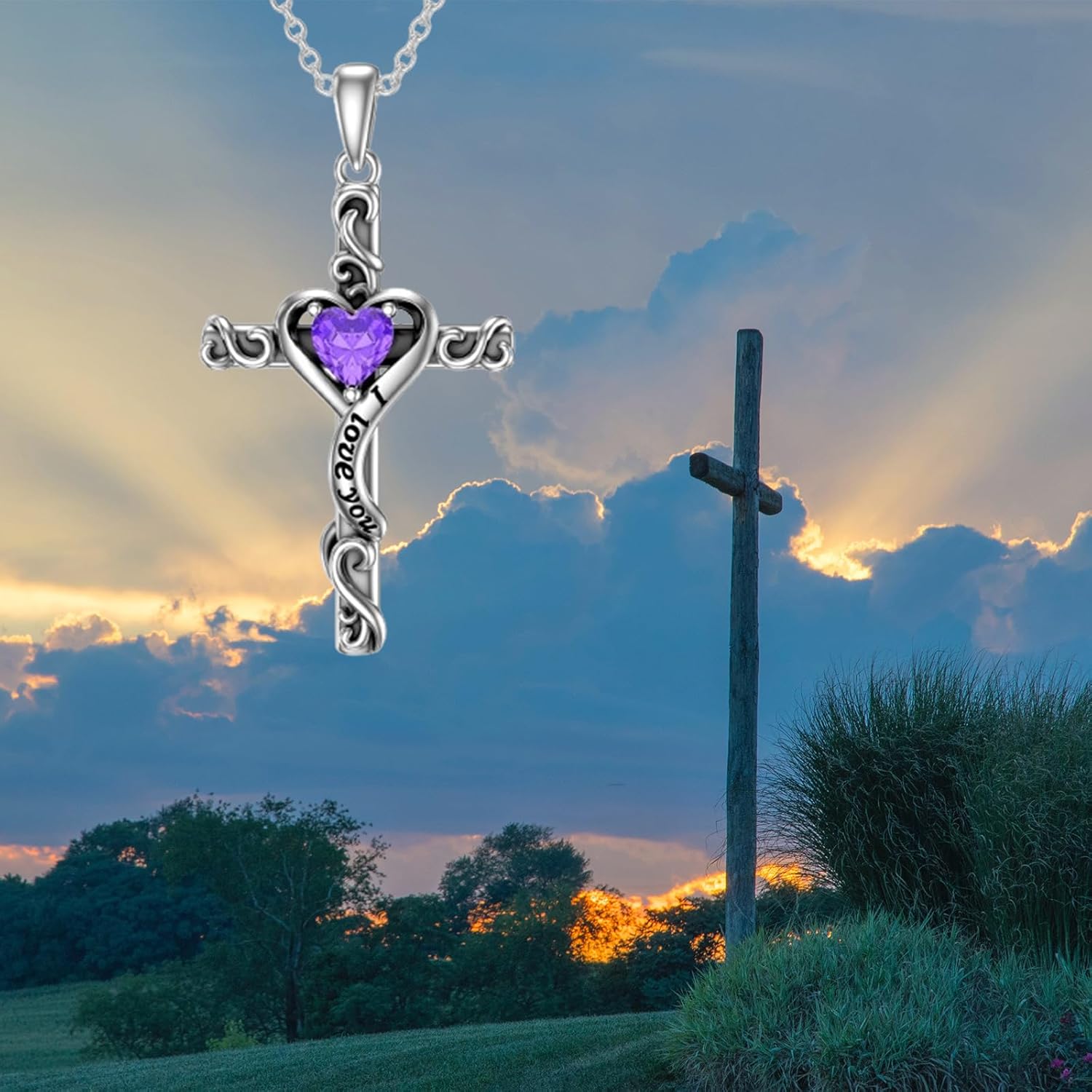 TOUPOP Valentines Day Gifts for Her Birthstone Cross Necklace for Women 925 Sterling Silver Heart Cross Pendant I Love You Jewelry Anniversary Birthday Gifts for Wife Girlfriend Mom - Image 4