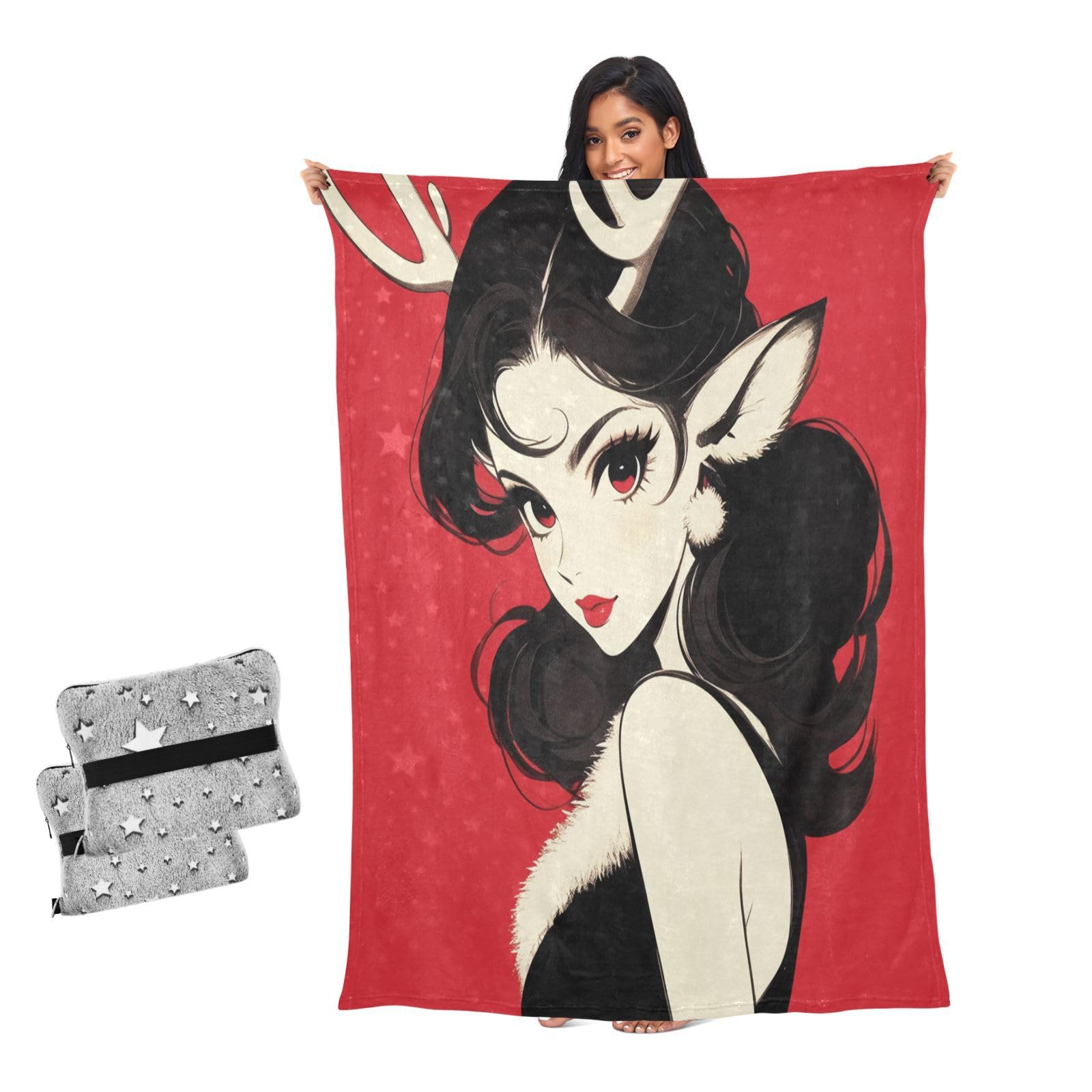 Couverture douce haut de gamme motif renne rouge cerise jeté de canapé chic