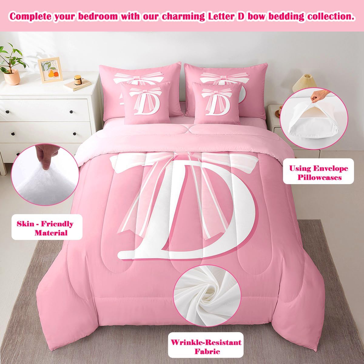 jejeloiu Pink Bow Bed Set Gifts for Women Teen Girl Full Size 7 Pieces