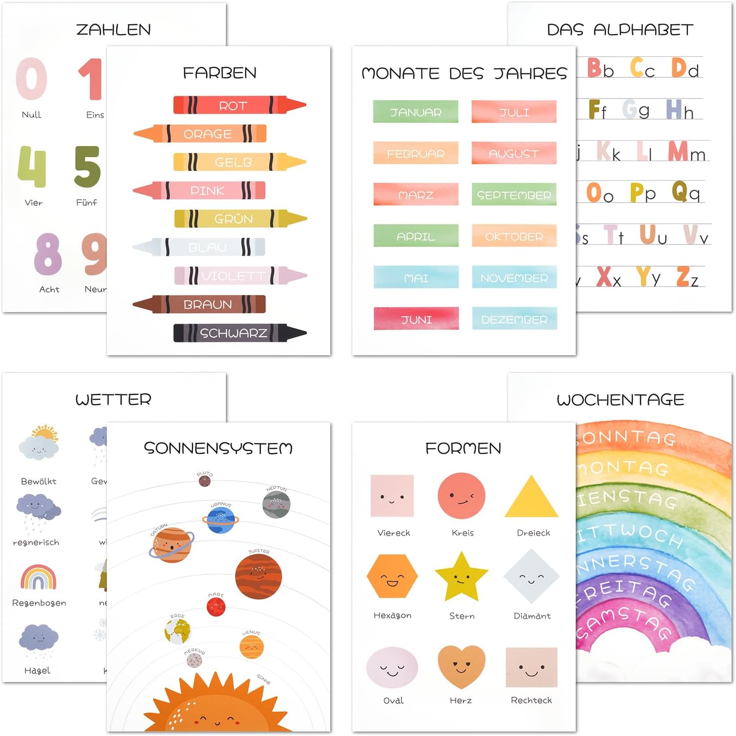 7 Stück pädagogische Lernplakate Lernposter für Kinder Grundschule