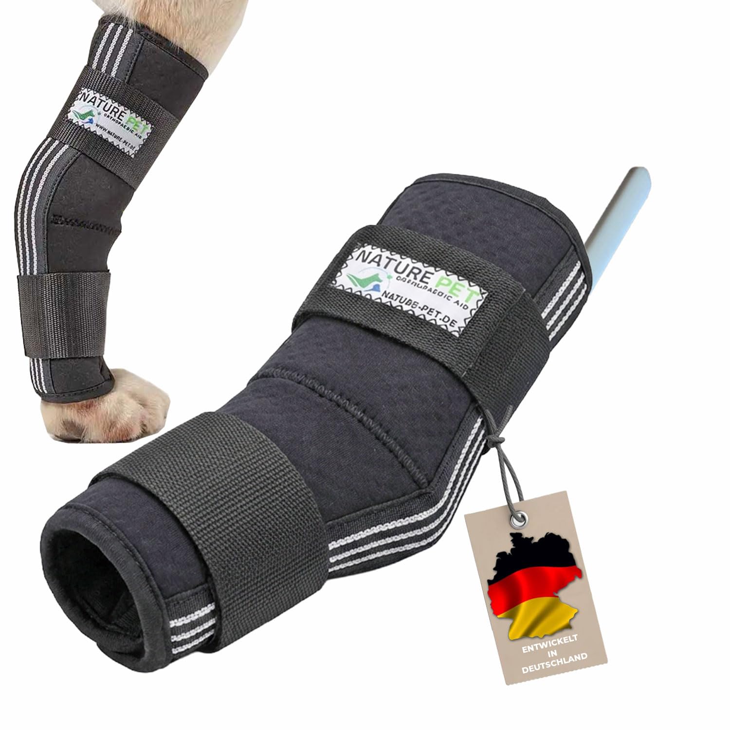 Nature Pet SPRUNGGELENK BANDAGE HUND HINTERBEIN – Sprunggelenk Bandage mit Leckschutz Hund – verstellbare Tarsal-Stulpen für Hunde zur Stabilisierung & Schutz des Hinterbeins – 165° Winkel/Größe L
