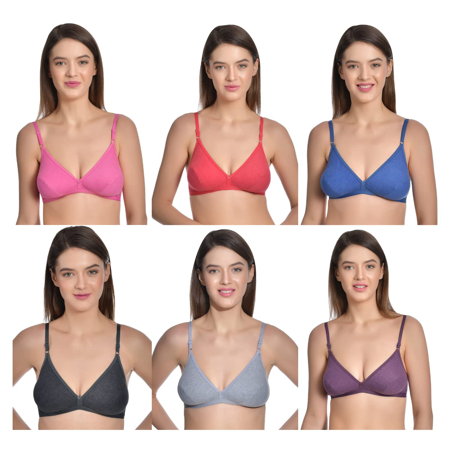 aimly Women's Cotton Non-Padded Non-Wired Solid Multicolor Bra Combo Pack of 6-picture-15
