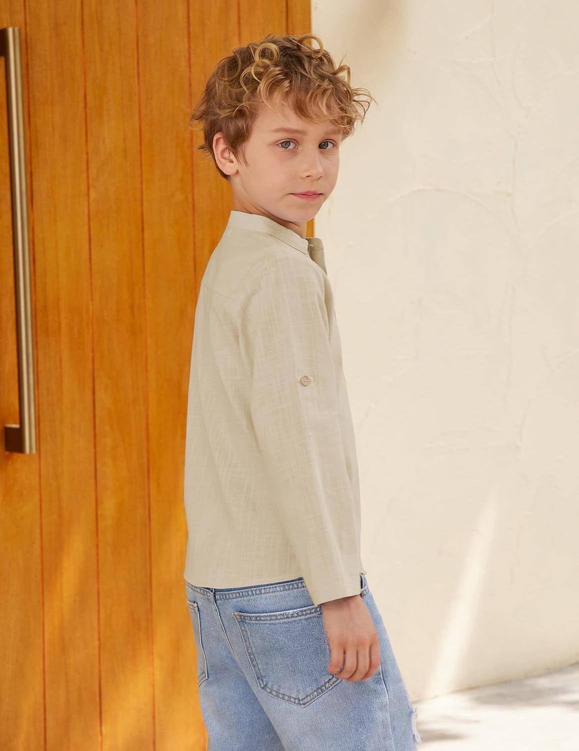 Arshiner Boys Cotton Linen Henley Shirt Button Down Shirt Long Sleeve T Shirt Beach Shirt Tee Casual Solid Tops - Image 4