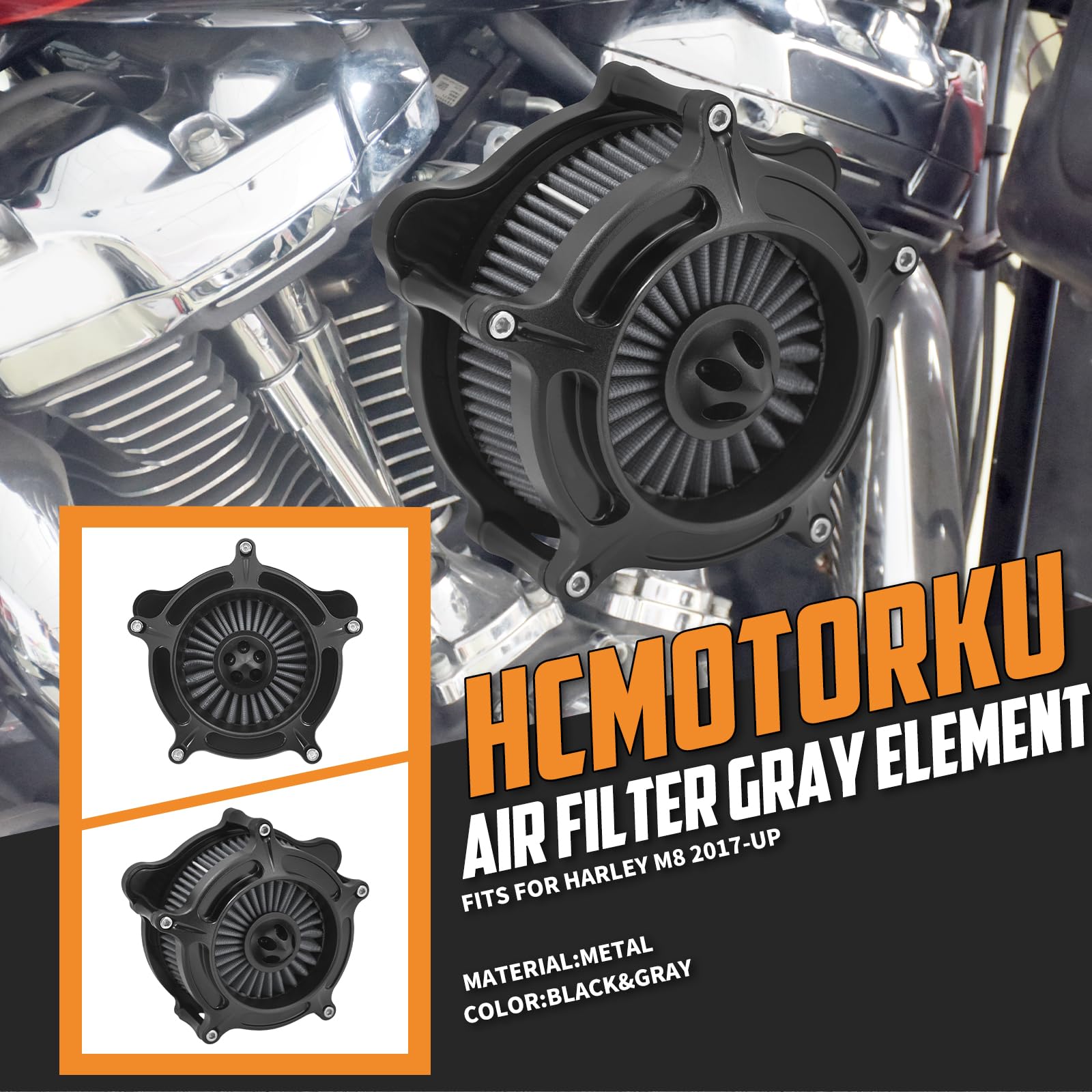 Filtro dell'aria per moto, filtro di aspirazione compatibile con Harley m8 Softail 2018-2024 e m8 Touring e Trike 2017-2024 (nero opaco + grigio)
