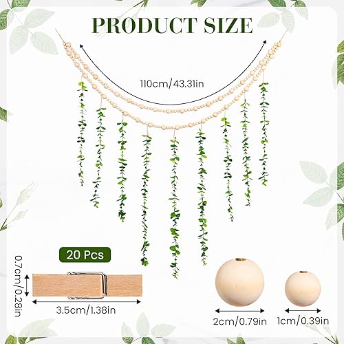 Miniatura 2 de TXIN Decoración de pared para colgar fotos, guirnalda de cuentas bohemias, enredaderas de eucalipto artificial, decoración del hogar con clips de