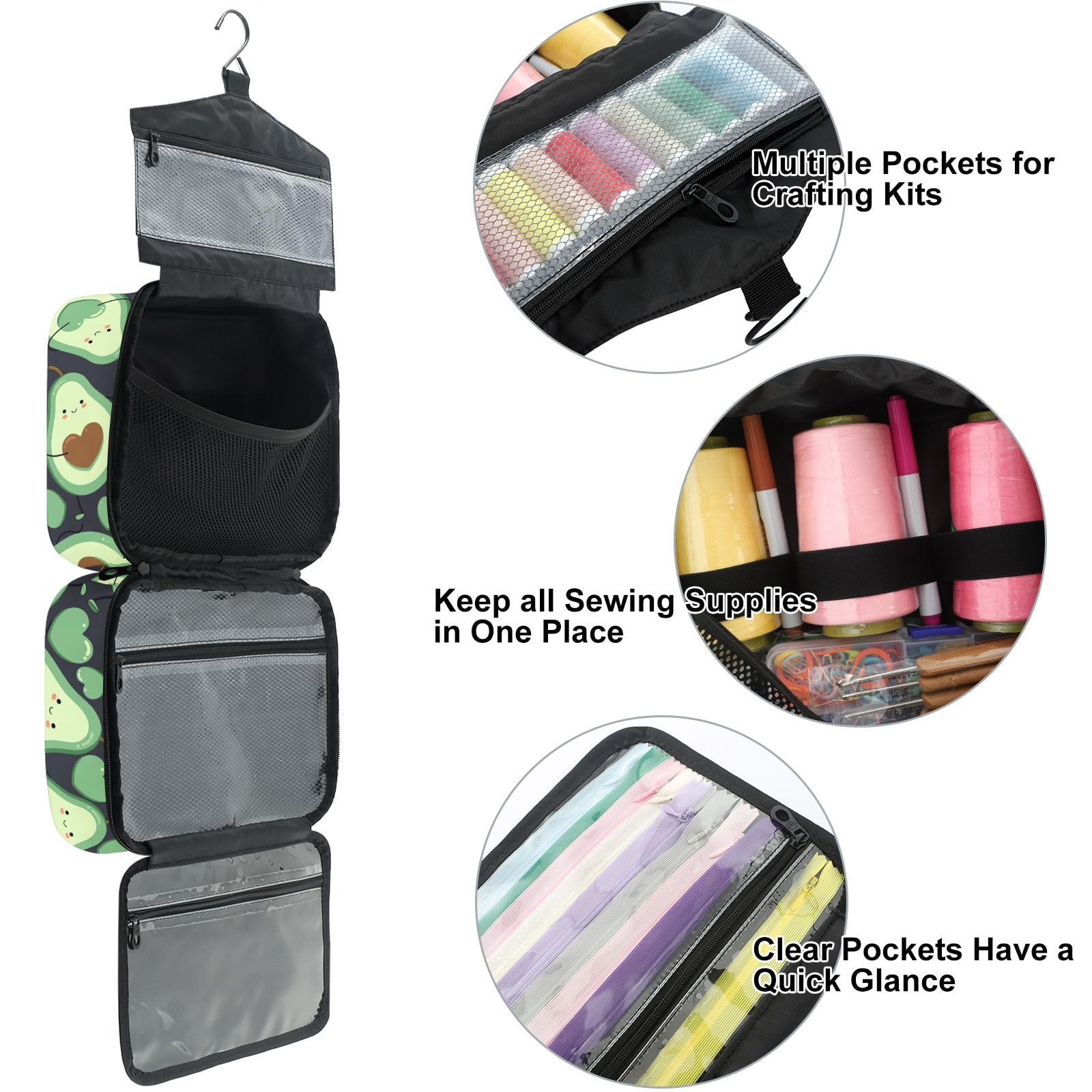 YNNALE Sewing Supply Organizer Bag, Avocado Green Happy Fruit Portable Sewing Bags with Pockets&Hanger, Sewing Storage Box Case for Sew Supplies/Kit/Tools/Accessories (BAG ONLY)