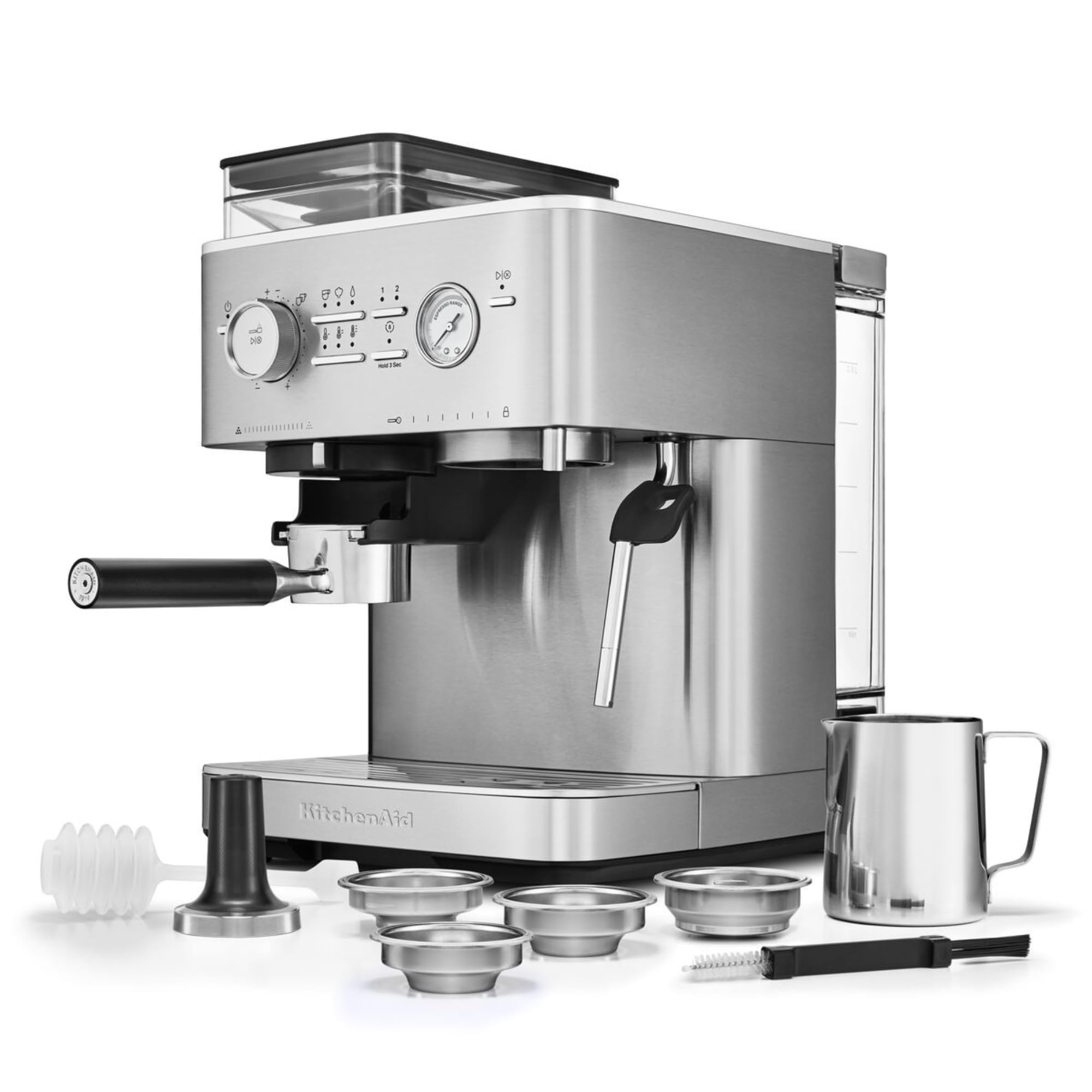 KitchenAid Macchina da caffè espresso semiautomatica con macinino integrato - 15 impostazioni di macinatura, controllo PID, pompa 15 bar, beccuccio vapore e design in acciaio inox - Acciacio