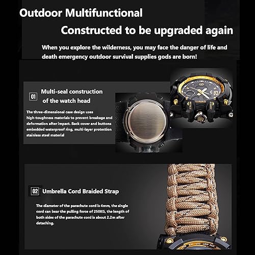 Miniatura 4 de Reloj táctico de supervivencia 23 en 1 para hombre, multifuncional, resistente al agua, para exteriores, pulsera ajustable con brújula de paracaídas