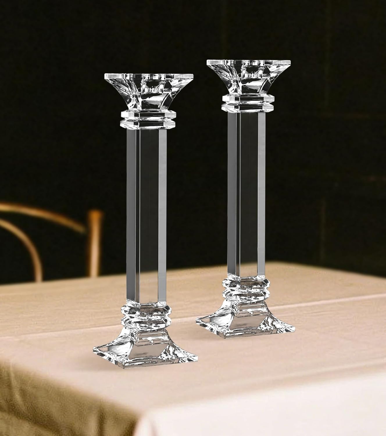 Crystal Candle Holders Set of 2, 10 Inch Tall Candle Sticks Holder Decor for Wedding Dining Table, Clear Glass Candlestick Holder Centerpiece, Heavy Duty K9 Crystal Candelabros para Centros de Mesa