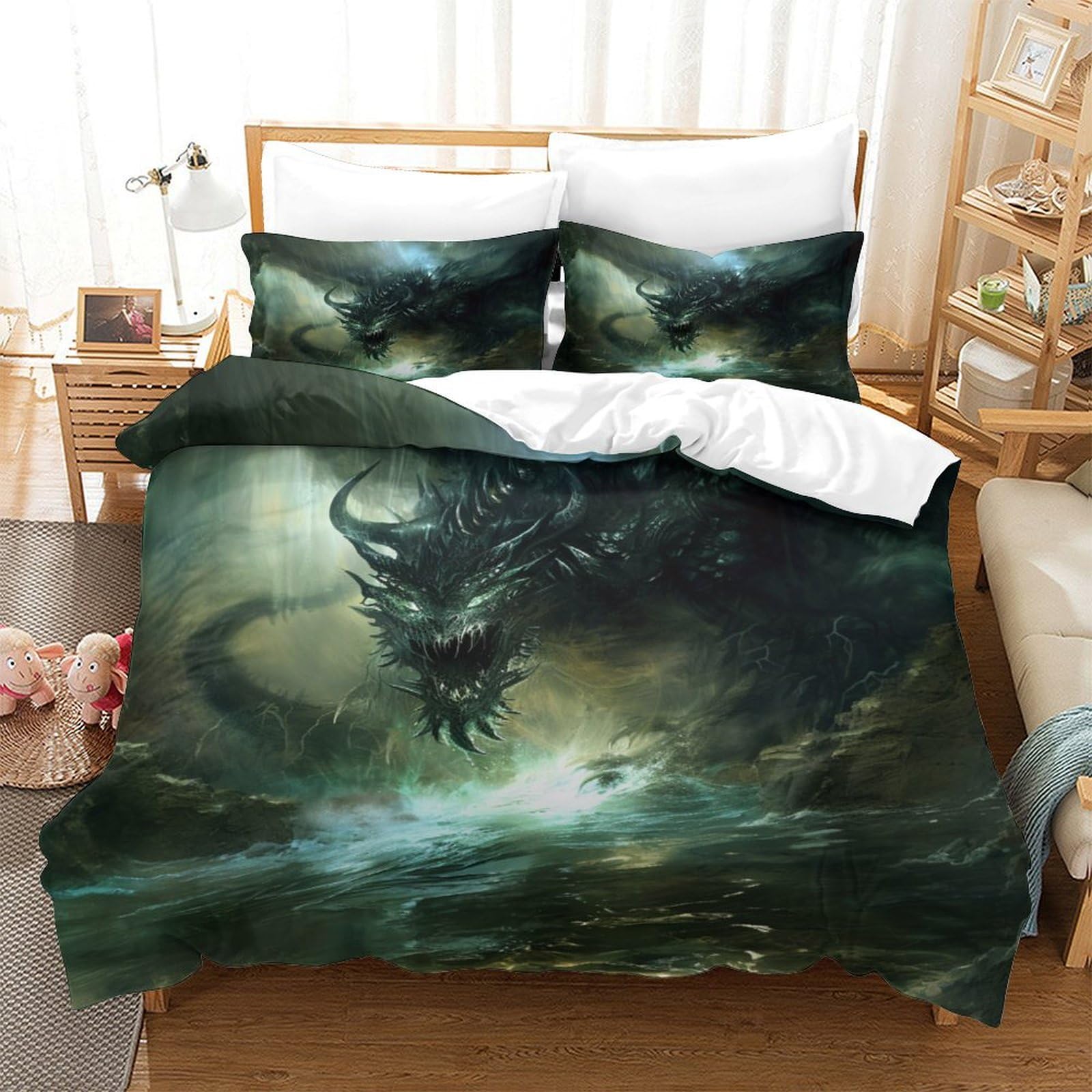 Parure de lit hypoallergénique motif dragon maléfique 3 pièces en microfibre douce