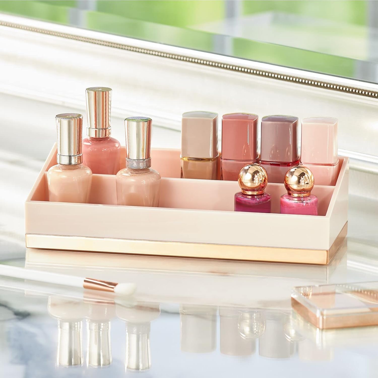 mDesign Plastic 2-Tier Cosmetic Organizer with Compartments for Bathroom Vanity, Countertop or Cabinet to Hold Nail Polish, Makeup, Moisturizer, Lipstick, Beauty Accessories - Pink/Rose Gold