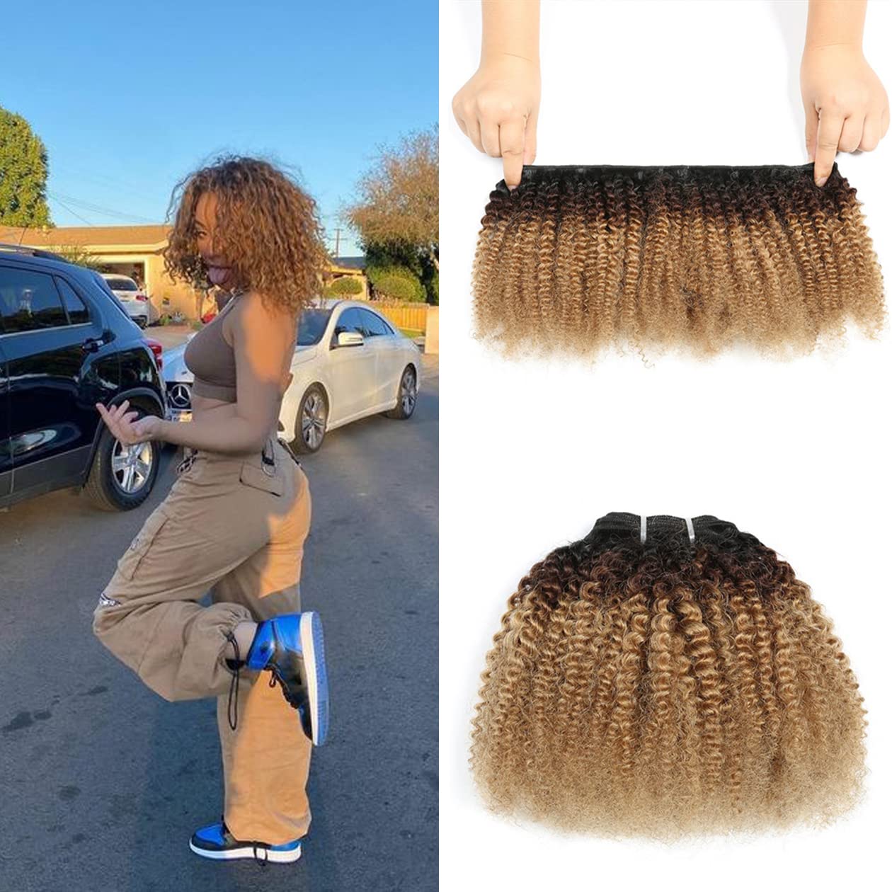 Curly Bundle Ombre Remy Hair Extensions Weft 100% Real Human Hair 3 Tone T1B/4/27 Afro Kinky Curly Weave 3.5 Ounces (10 inch)