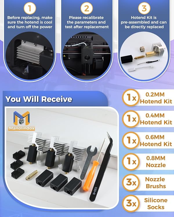Manolindox 3Pack 0.2+0.4+0.6MM Upgrade Ceramic Hotend for Elegoo Centauri Carbon, Thermal Efficiency Increased by 15%, with 0.8MM Bimetallic Hardened Steel Nozzle Brush Silicone Socks and Kit Tools by Manolindox - Image 7