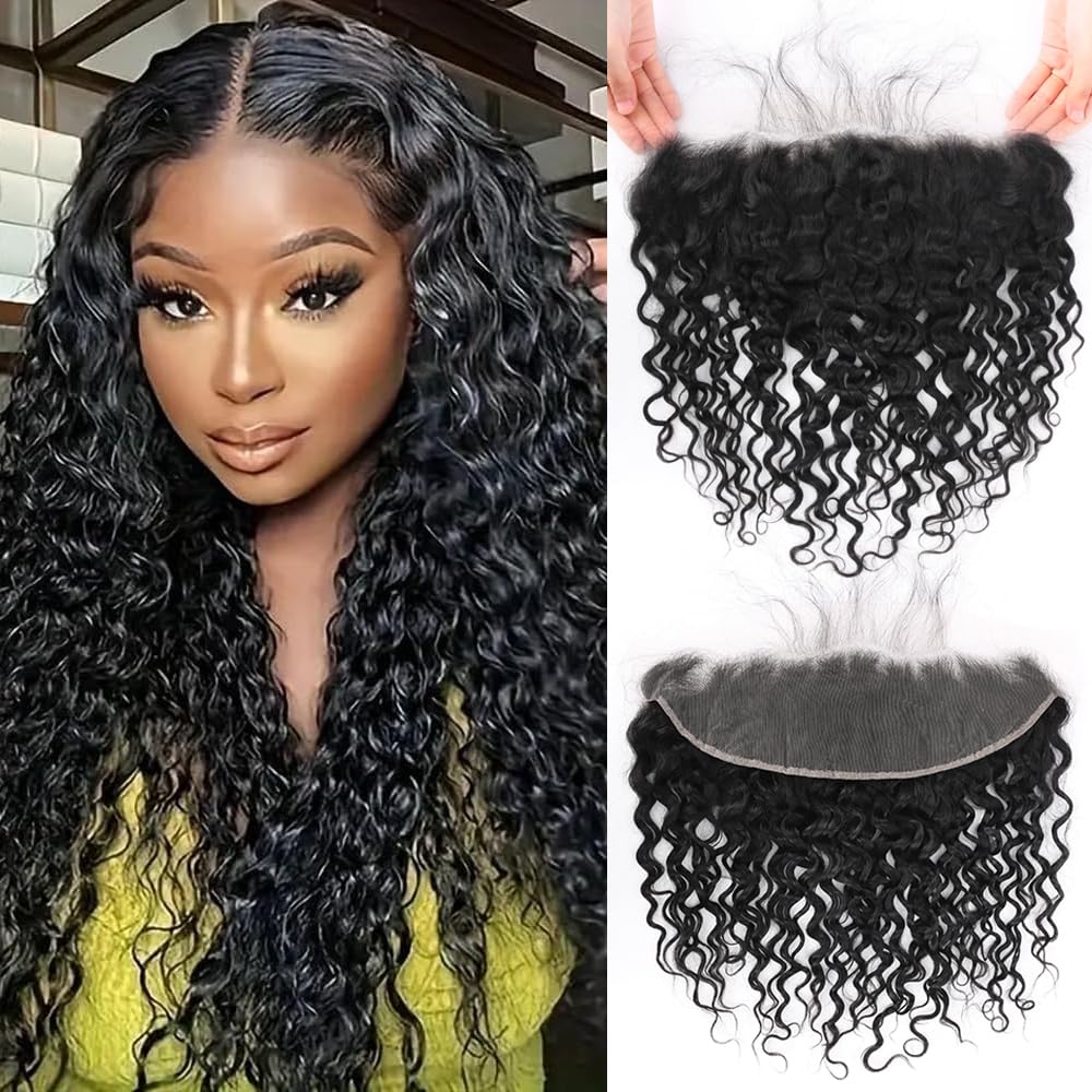 QTHAIR 18A 13x4 Water Wave HD Lace Frontal (14", Natural Black) 150% Density Brazilian Human Hair 13X4 Curly Lace Ear to Ear Frontal Pre Plucjed