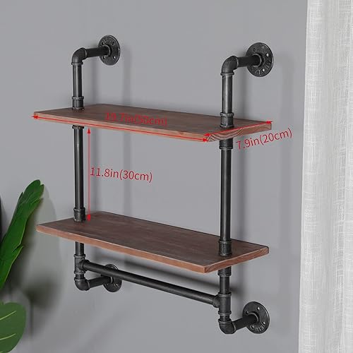 Miniatura 2 de SSS Furniture Estante industrial de tubería para baño, estantes de pared montados en la pared, 2 niveles de 19.6 pulgadas de madera rústica,