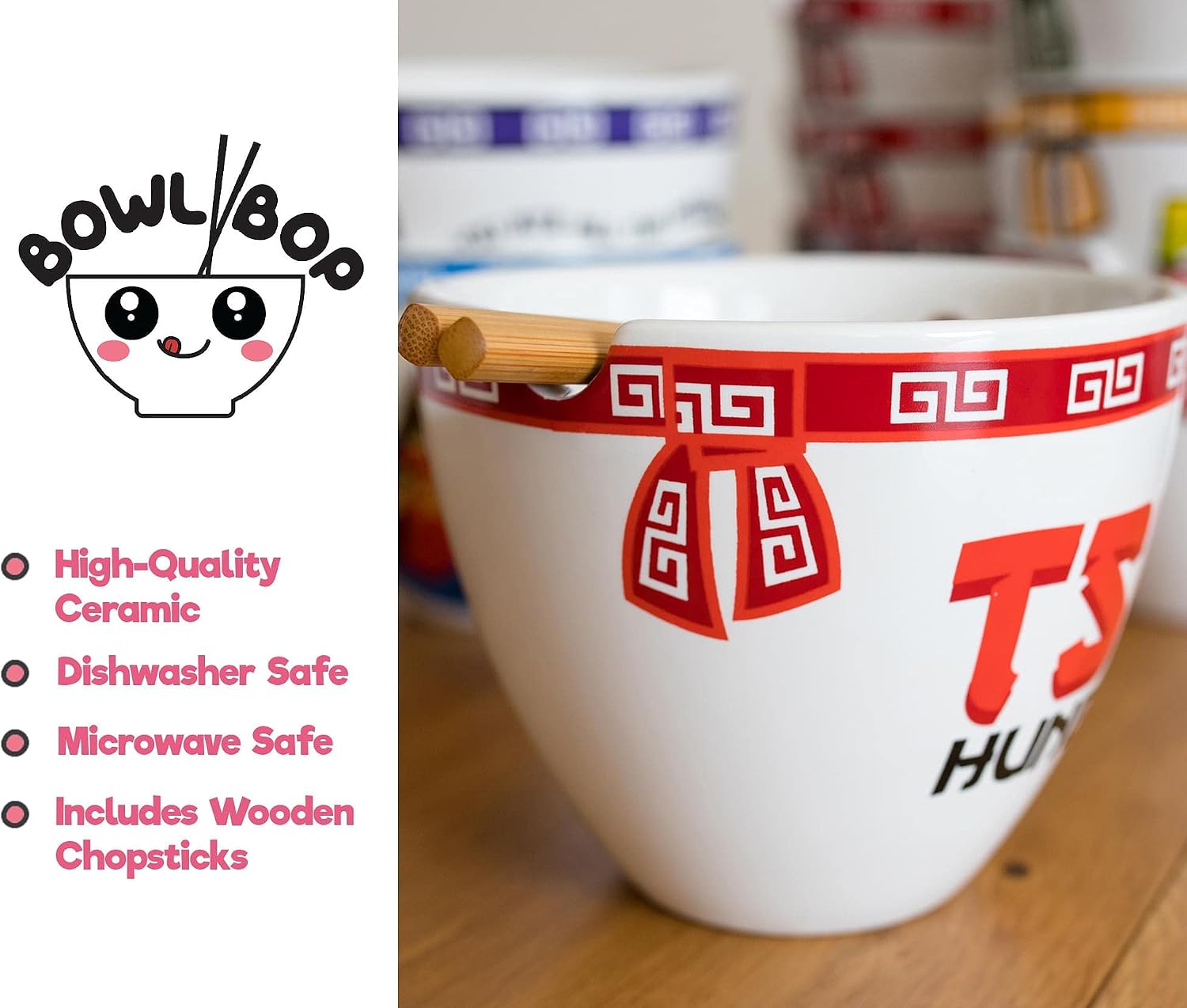 Toynk Bowl Bop Tso Hungry Japanese Ceramic Dinnerware Set | Includes 16-Ounce Ramen Noodle Bowl and Wooden Chopsticks | Asian Food Dish Set For Home & Kitchen | Kawaii Anime Gifts, Snack Collectible