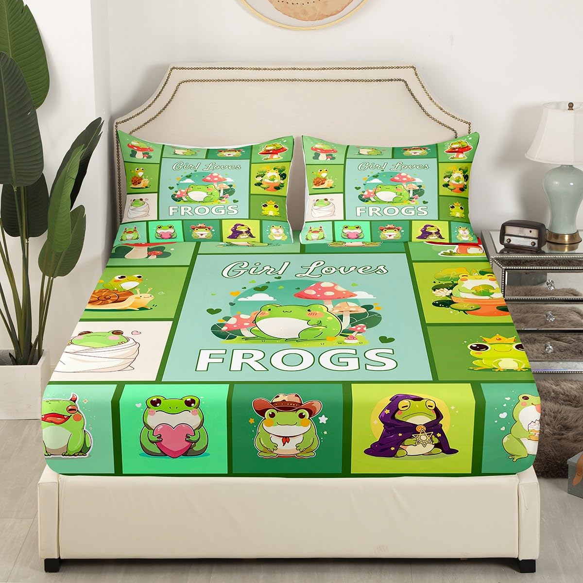 jejeloiu Kids Cute Frog Fitted Sheet Twin Size Girl Loves Frogs Bed Sheets Set for Boys Girls Teens Bedroom Decor Kawaii Wildlife Tropical Amphibian Bedding Set Breathable Soft Lightweight 3Pcs