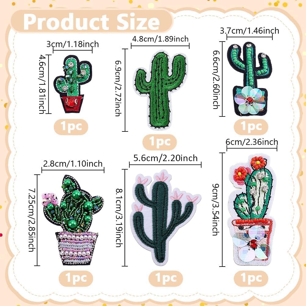 AHANDMAKER 6Pcs Beaded Little Cactus Applique Patch Sew On Rhinestone Cactus Patch Cactuses Embroidered Patches DIY Iron on Flowers Patches for Clothing Shoes Caps Handbag Decorative DIY Projects