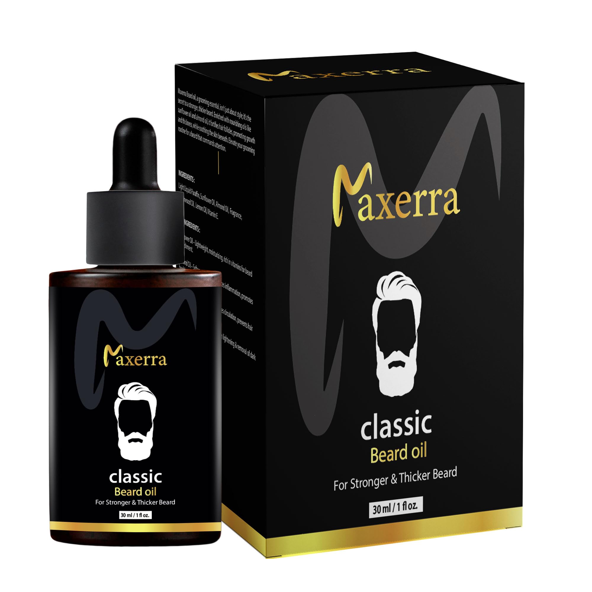 Maxerra Classic Beard Oil, 30 ml, For Natural Hair Oil for Thicker & Longer Beard | Beard Oil for Uneven, Patchy & Fast Beard Growth | Growth Oil for Stronger & Fuller Beard Hair