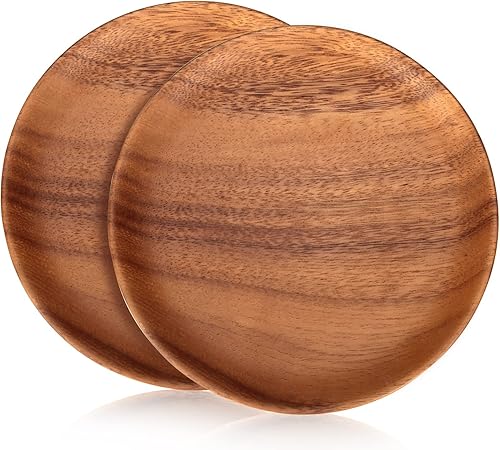 Miniatura 8 de Juego de 2 platos llanos de madera de acacia de 10 pulgadas para comer tableros redondos de madera para charcutería, platos de cocina para servir