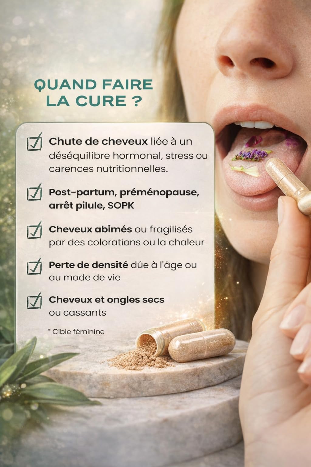 Circles GROW Integratore Capelli e Unghie Donna Biotina Selenio Ferro Serenoa Repens Equiseto Silice Vitamine B3 B5 B6, Senza Zuccheri Aggiunti, 30 Capsule Vegan Made in France