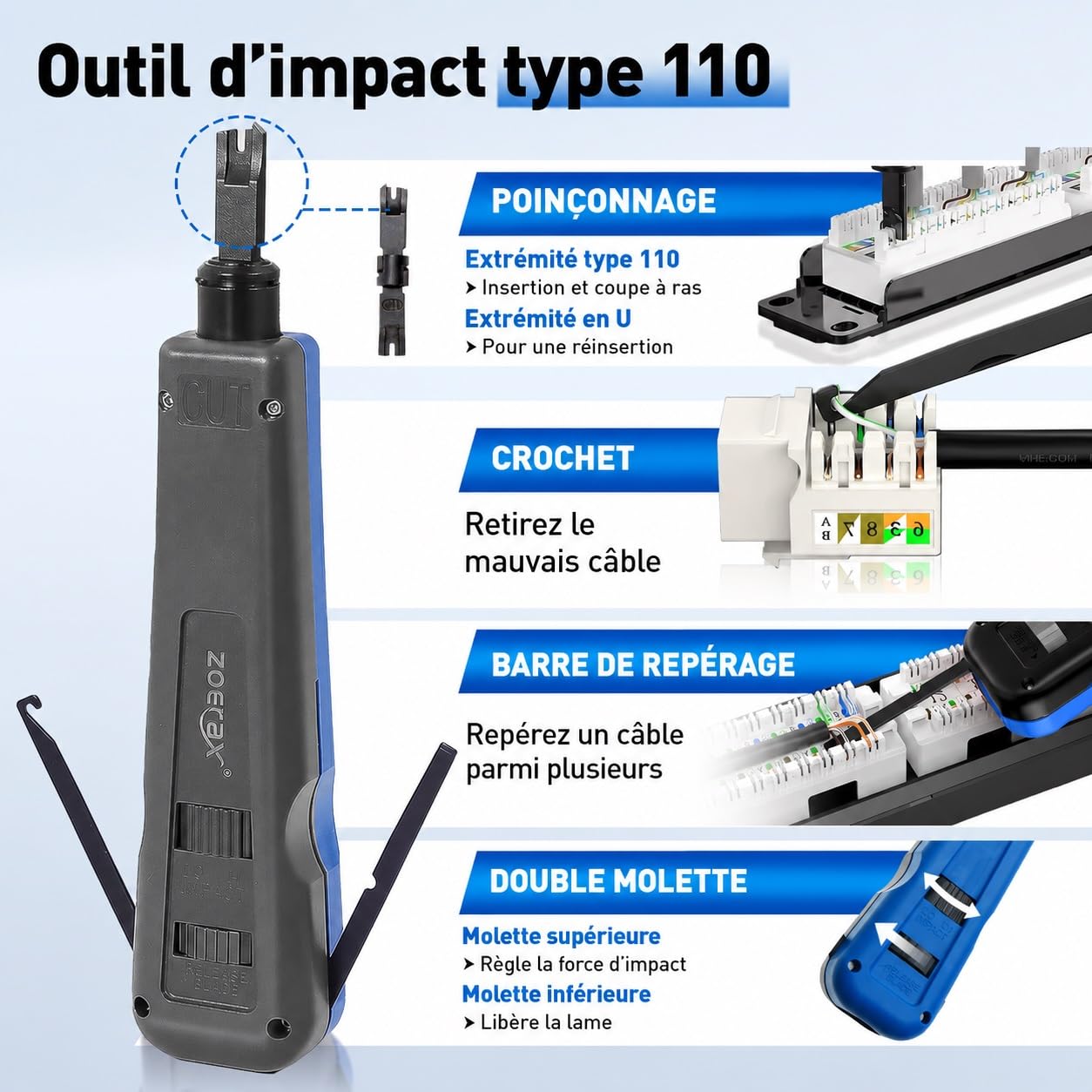 Kit d'outils réseau professionnel 14 en 1 - Pince à sertir RJ45, Cat6-Passthrough mâle et bateaux de protection, testeur de câble, dénudeur de câble, outil de ponch-down Ethernet